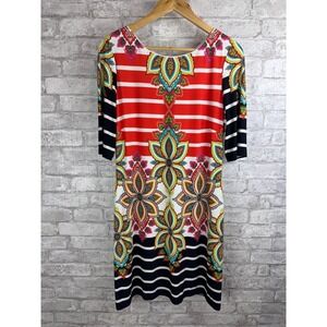 Joseph Ribkoff Dress 12 Orange‎ Black Floral Striped Sheath Jersey Vibrant Artsy